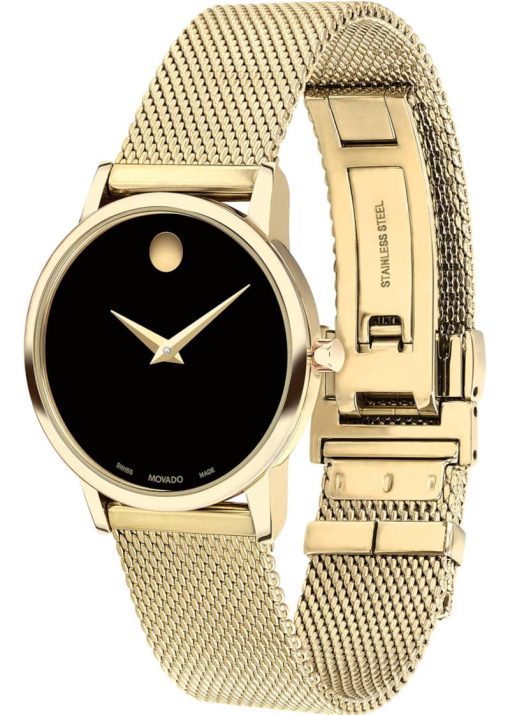 Movado Classic Black Dial Yellow Gold PVD Stainless Steel Mesh Bracelet Watch, 28mm - Image 2