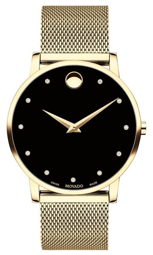 Movado Museum Classic Black Diamond Dial Yellow Gold PVD Stainless Steel Mesh Watch, 40mm