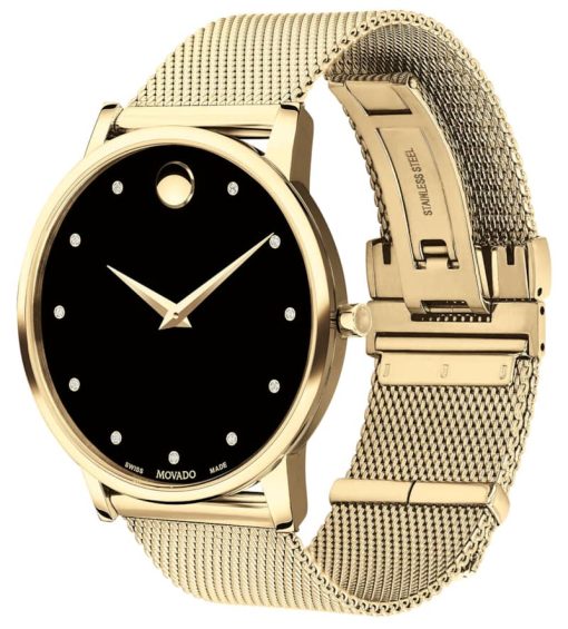 Movado Museum Classic Black Diamond Dial Yellow Gold PVD Stainless Steel Mesh Watch, 40mm - Image 2