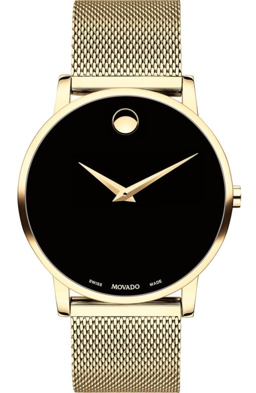 Movado Museum Classic Black Dial Yellow Gold Stainless Steel Mesh Watch, 40mm
