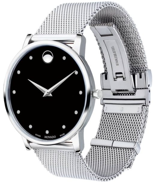 Movado Museum Classic Black Diamond Dial Stainless Steel Mesh Watch, 40mm - Image 2