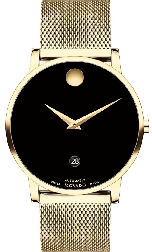 Movado Museum Classic Automatic Black Dial Yellow Gold PVD Mesh Bracelet Watch, 36mm