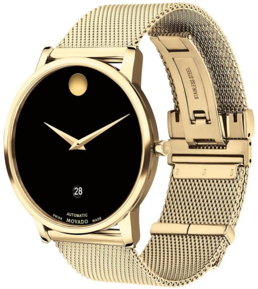 Movado Museum Classic Automatic Black Dial Yellow Gold PVD Mesh Bracelet Watch, 36mm - Image 2
