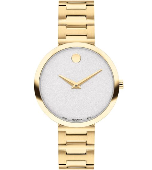 Movado Museum Classic White Sparkle Dial Yellow Gold-Tone PVD Link Bracelet Watch, 32mm