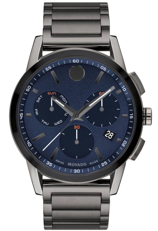 Movado Museum Sport Blue Dial Grey/Black PVD Stainless Steel Bracelet Watch, 43mm
