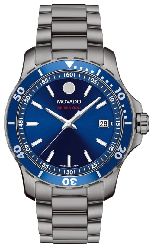 Movado Series 800 Blue Dial Grey PVD Stainless Steel Bracelet Watch, 40mm