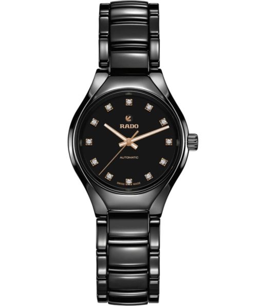 Rado True Automatic Diamonds Black Dial Ceramic Watch, 30mm