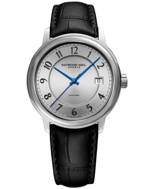 Raymond Weil Maestro Automatic Silver Dial Black Leather Watch, 40mm