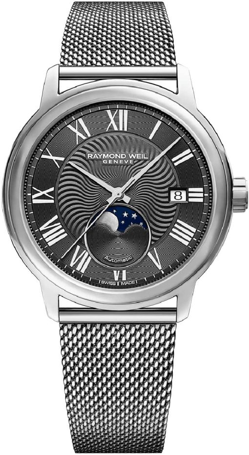 Raymond Weil Maestro Automatic Moon Phase Grey Dial Mesh Stainless Steel Watch, 39.5mm