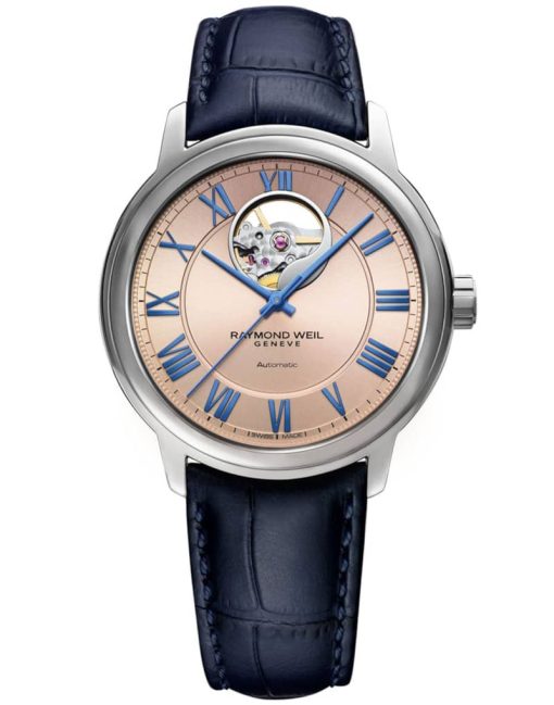 Raymond Weil Maestro Automatic Salmon Pink Dial Blue Leather Strap Watch, 40mm