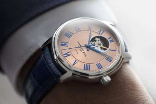 Raymond Weil Maestro Automatic Salmon Pink Dial Blue Leather Strap Watch, 40mm - Image 4