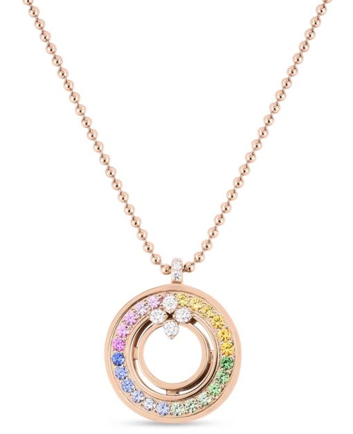 Roberto Coin 18K Rose Gold Love In Verona Rainbow Medallion Necklace w/ Sapphires, Diamonds, & Mother Of Pearl