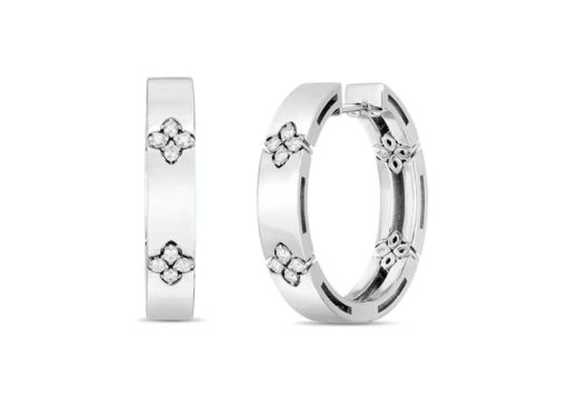 Roberto Coin 18K White Gold Love In Verona w/ Diamond Flower 20mm Hoop Earrings