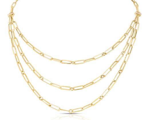 Roberto Coin 18K Yellow Gold Designer Gold Triple Strand Paperclip Bib Chain Link Necklace w/ Diamonds