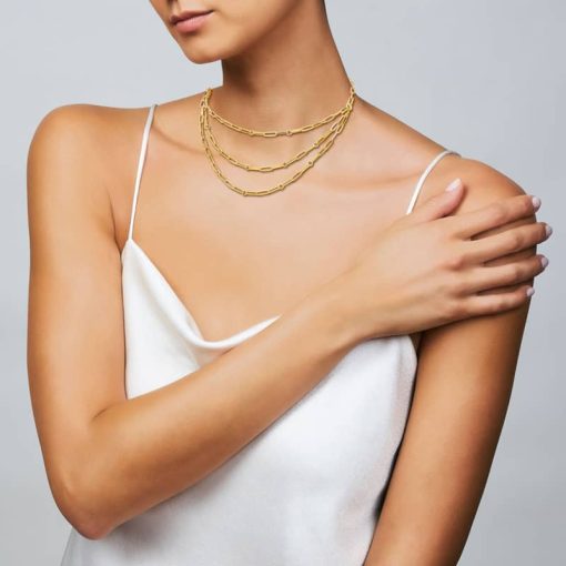 Roberto Coin 18K Yellow Gold Designer Gold Triple Strand Paperclip Bib Chain Link Necklace w/ Diamonds - Image 2