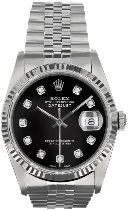 Rolex Datejust Automatic Pre-Owned Stainless Steel Jubilee Watch, Black Diamond Dial, 36mm