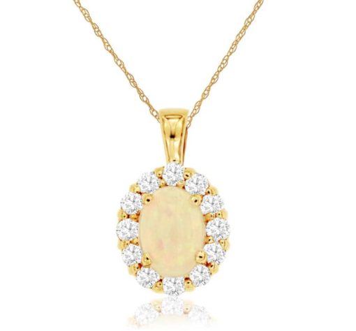 Royal Jewelry 14K Yellow Gold Opal & Diamond Pendant