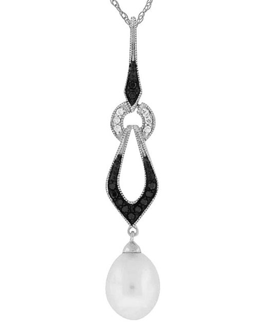 Royal Jewelry 14K White Gold Diamond/Blk Diamond & Pearl Pendant