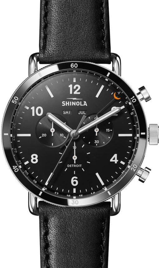 Shinola The Canfield Sport Chronograph Black Dial & Leather Strap Watch, 45mm