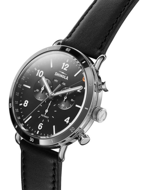 Shinola The Canfield Sport Chronograph Black Dial & Leather Strap Watch, 45mm - Image 2