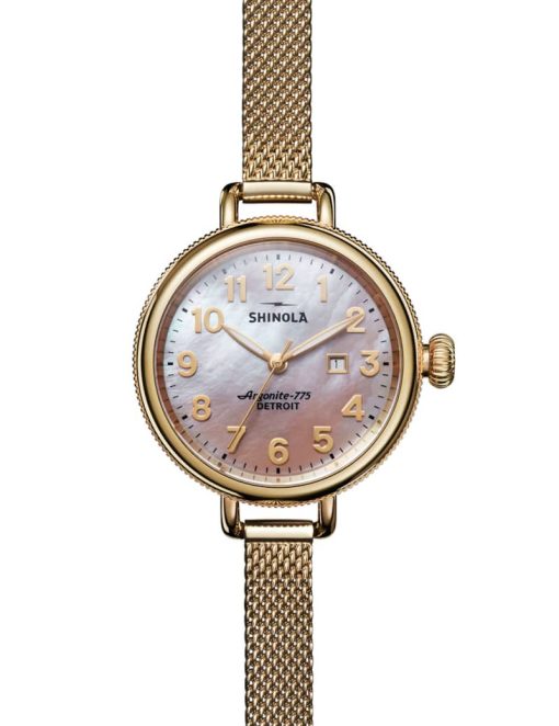 Shinola The Birdy Quartz Gold PVD Mesh Bracelet Watch, Dusty Rose MOP Dial, 34mm