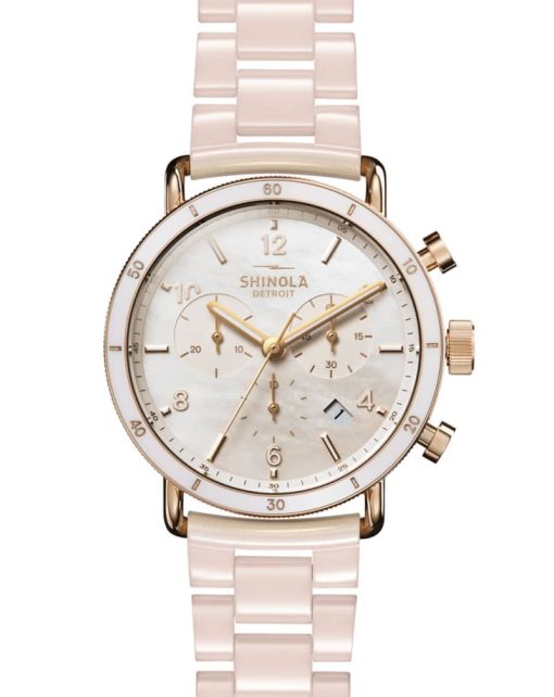 Shinola The Canfield Sport Chronograph Blush Ceramic Bracelet Watch, White MOP Dial, 40mm