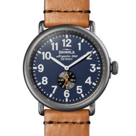 Shinola The Runwell Bourbon Leather Strap Watch, Midnight Blue Dial, 47mm