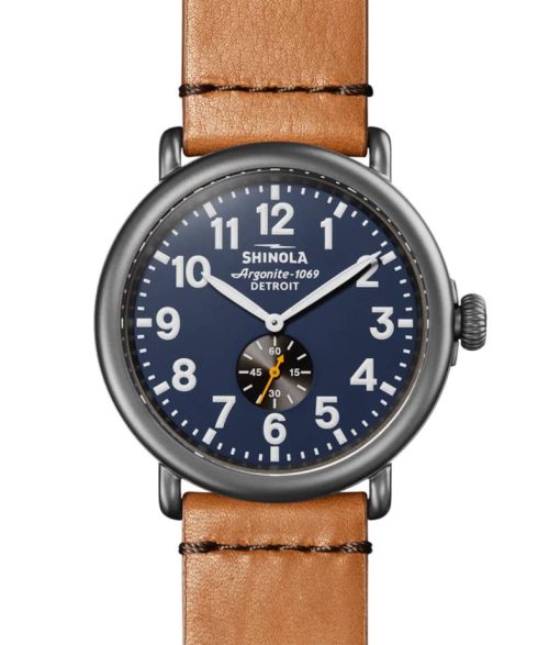 Shinola The Runwell Bourbon Leather Strap Watch, Midnight Blue Dial, 47mm