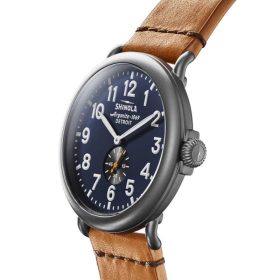 Shinola The Runwell Bourbon Leather Strap Watch, Midnight Blue Dial, 47mm - Image 2