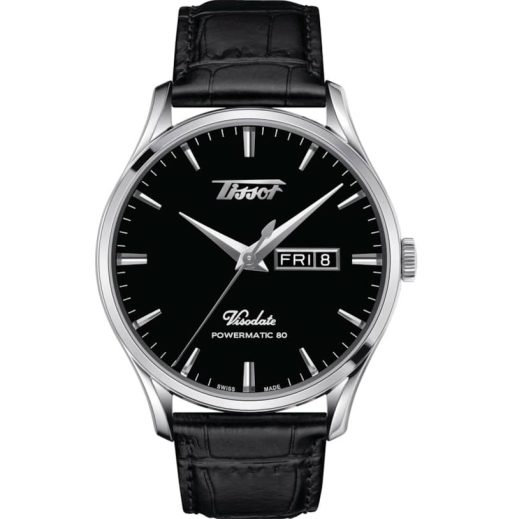 Tissot Heritage Visodate Powermatic 80 Black Dial Leather Strap Watch, 42mm