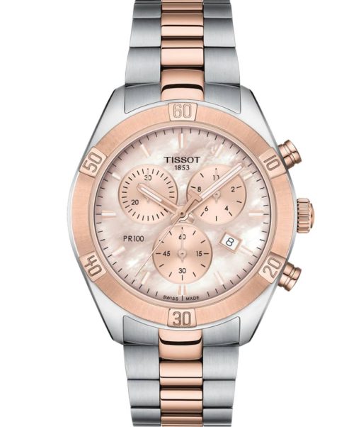 Tissot PR 100 Sport Chic Chronograph Pink MOP Dial Two-Tone Carnation Gold Bracelet Watch, 38mm
