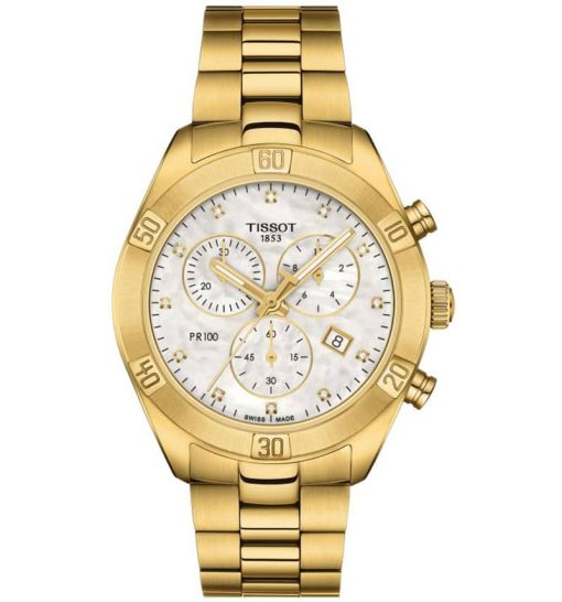 Tissot PR 100 Sport Chic Chronograph White MOP Dial w/ Diamonds Yellow Gold Bracelet Watch, 38mm