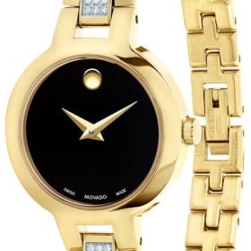 Movado Amorosa Black Dial Yellow Gold-Tone PVD Double-Bar w/ Diamond Bangle Watch, 24mm - Image 2