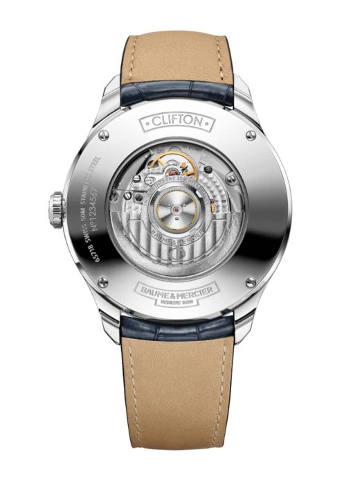 Baume & Mercier Clifton Automatic White Moon Phase Dial Blue Alligator Leather Watch, 43mm - Image 2