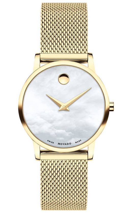 Movado Museum Classic White MOP Dial Yellow Gold-Tone PVD Mesh Bracelet Watch, 28mm
