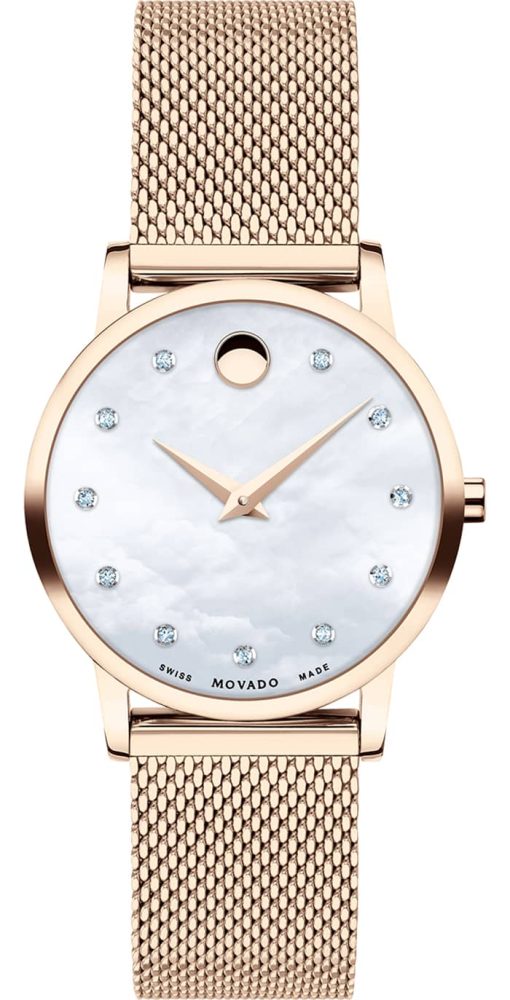 Movado Museum Classic White MOP w/ Diamonds Dial Rose Gold-Tone PVD Mesh Bracelet Watch, 28mm