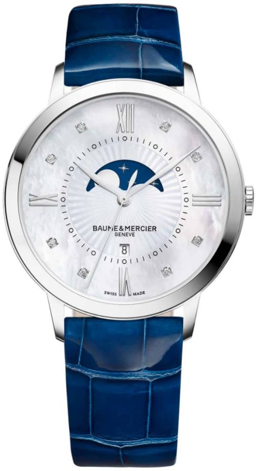 Baume & Mercier Classima Moon Phase MOP Dial Blue Alligator Leather Watch, 36.5mm