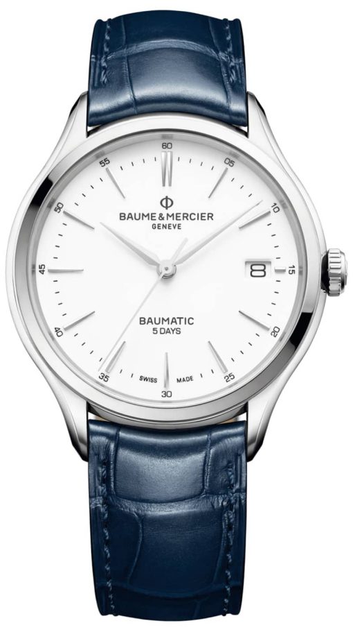 Baume & Mercier Clifton Automatic White Dial Blue Alligator Leather Watch, 40mm