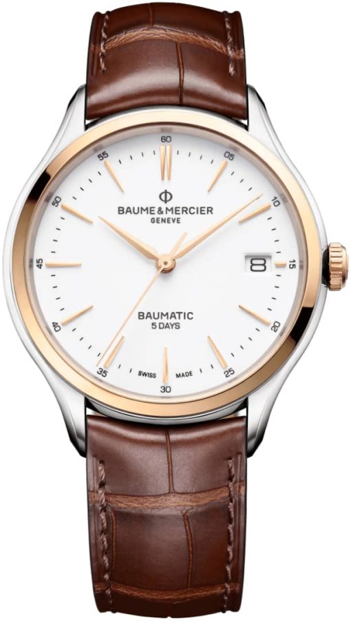 Baume & Mercier Clifton Automatic White Dial Brown Alligator Leather Watch, 40mm