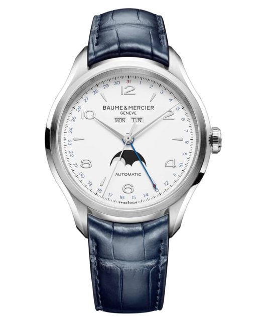 Baume & Mercier Clifton Automatic White Moon Phase Dial Blue Alligator Leather Watch, 43mm