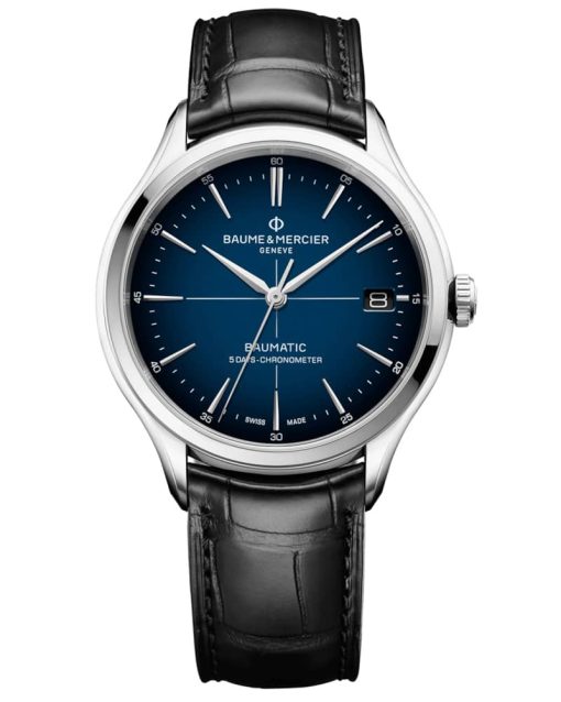 Baume & Mercier Clifton Automatic Chronometer Blue Gradient Dial Black Alligator Leather Watch, 40mm