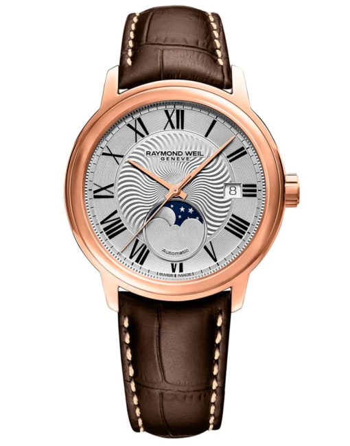 Raymond Weil Maestro Moon Phase Rose Gold Automatic Silver Dial Brown Leather Watch, 39.5mm
