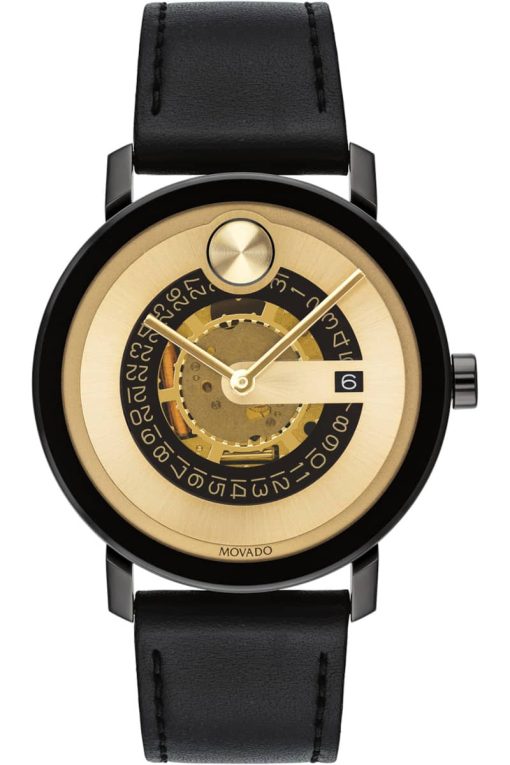 Movado BOLD Evolution Yellow Gold-Tone Metallic Dial Black Leather Strap Watch, 40mm