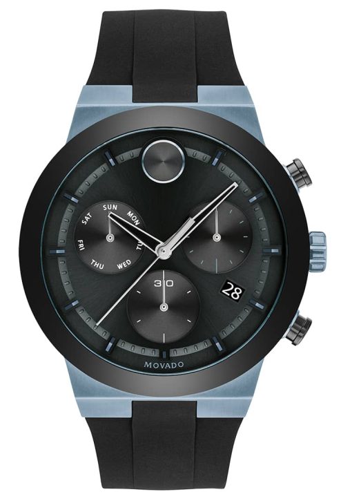 Movado BOLD Fusion Chronograph Black w/ Ice Blue Accents Dial & Silicone Strap Watch, 44.5mm