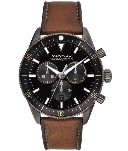 Movado Heritage Series Chronograph Black Dial Cognac Leather Strap Watch, 42mm