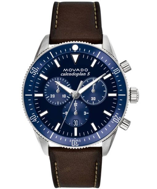 Movado Heritage Series Chronograph Navy Dial Chocolate Leather Strap Watch, 43mm