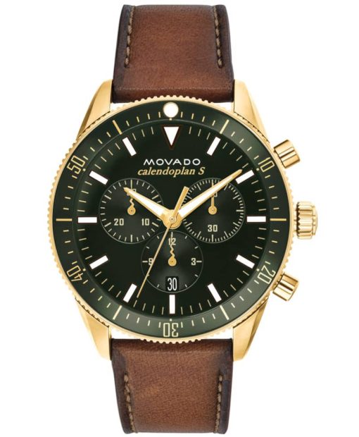 Movado Heritage Series Chronograph Green Dial Cognac Leather Strap Watch, 42mm