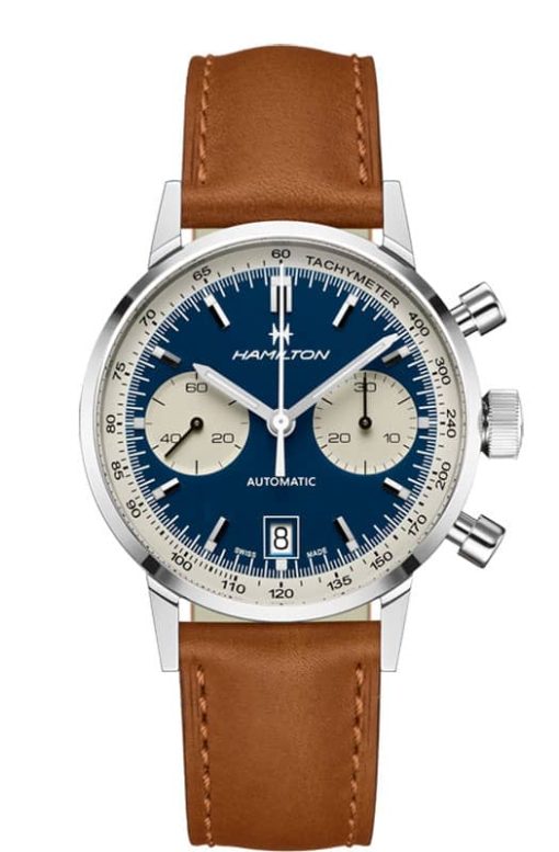Hamilton American Classic Intra-Matic Auto Chrono Blue Dial Brown Leather Watch, 40mm