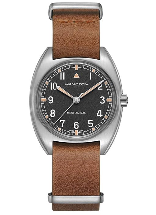 Hamilton Khaki Aviation Pilot Pioneer Mechanical Black Dial Brown Leather Watch, 36mm x 33mm