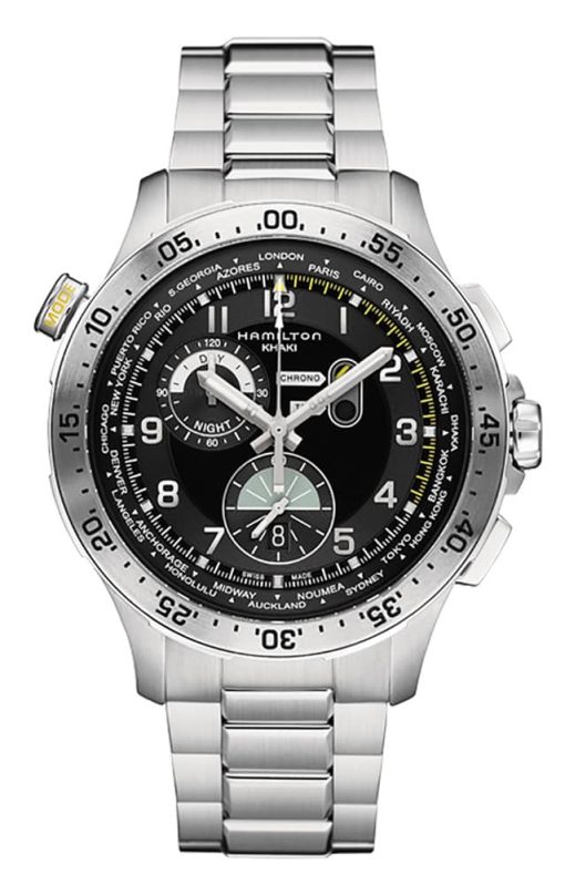 Hamilton Khaki Aviation Worldtimer Chrono Quartz Black Dial Stainless Steel Watch, 45mm